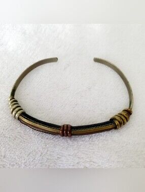 Mixed Metal Leather Accent Cuff Bracelet - Brown & Gold Tones Minimalist Design
